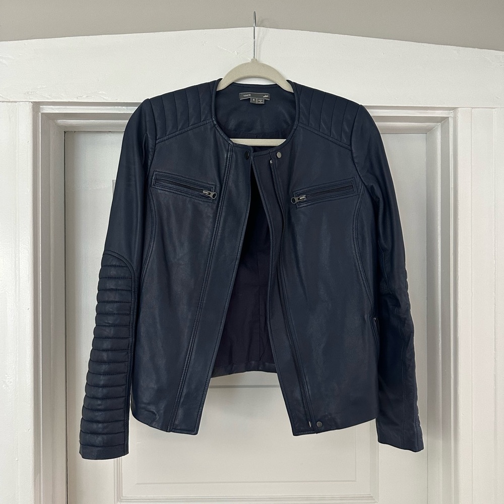 Vince Navy leather motorcycle jacket. Beautiful and soft. No flaws.